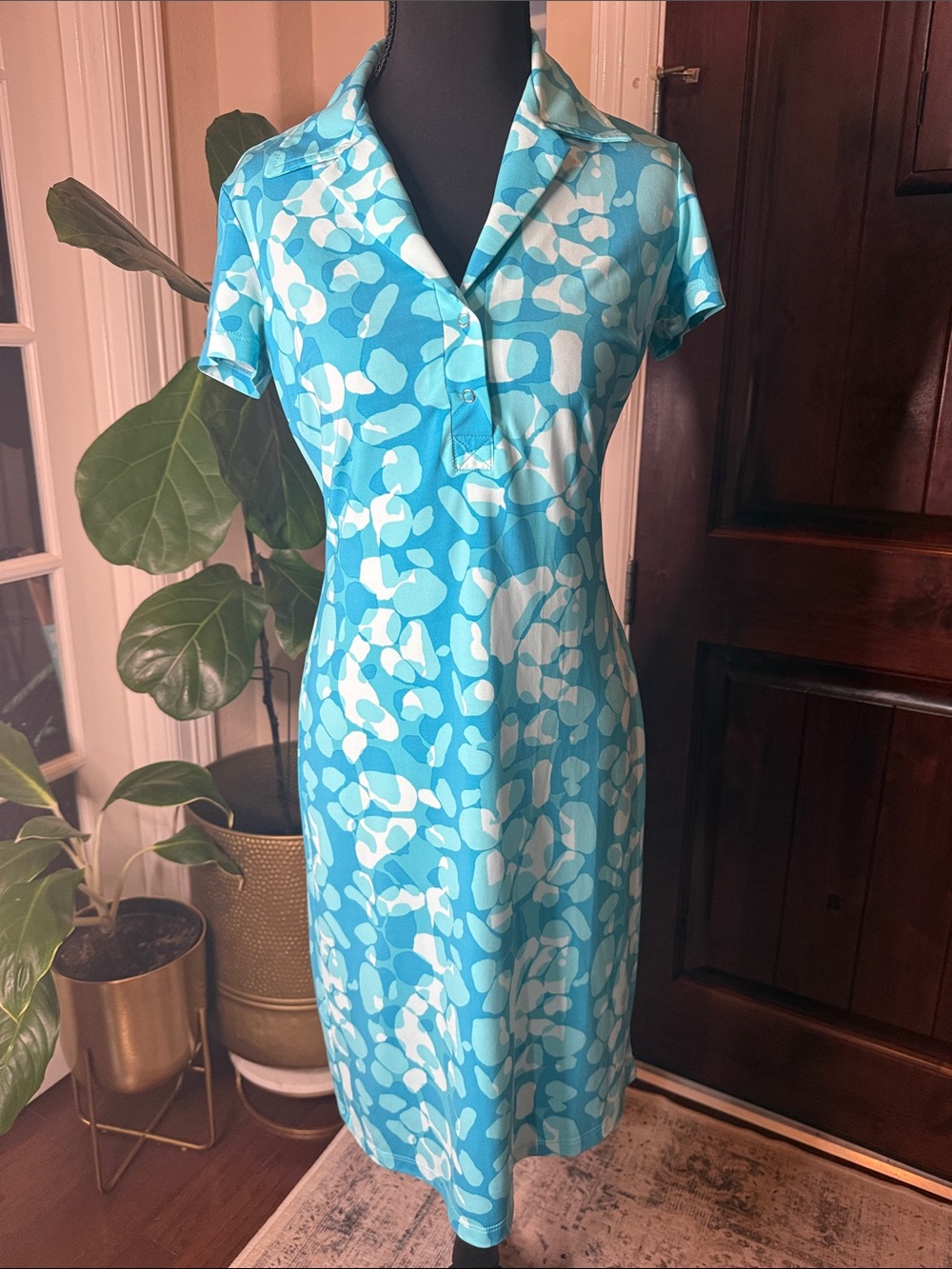 BCBGMAXAZRIA Mod Abstract Print Dress Blue Teal White Size S